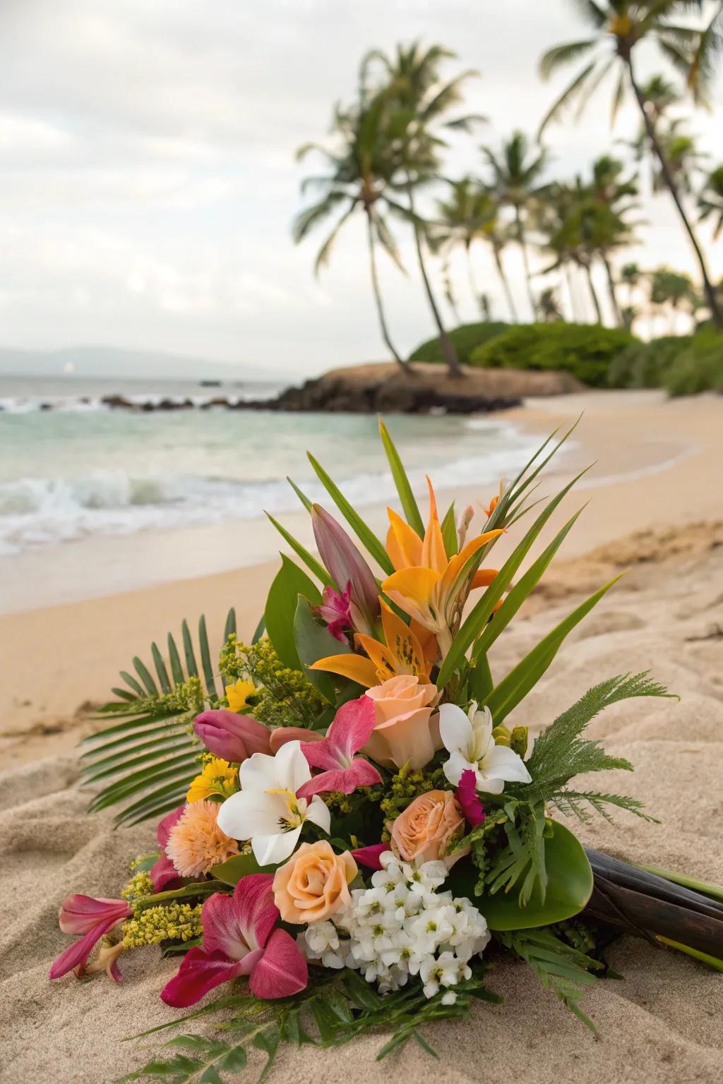 A tropical floral arrangement exhibiting exotic flowers, adding a unique flair to a seaside wedding environment.