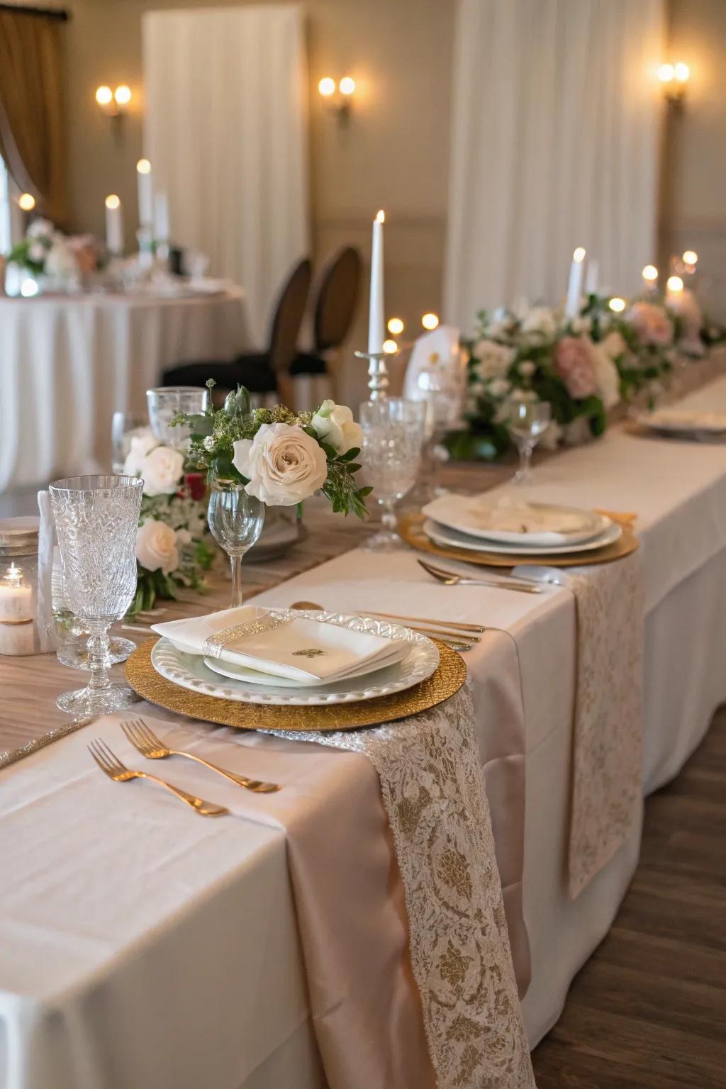 A stylish fabric runner contributes texture to the head table.