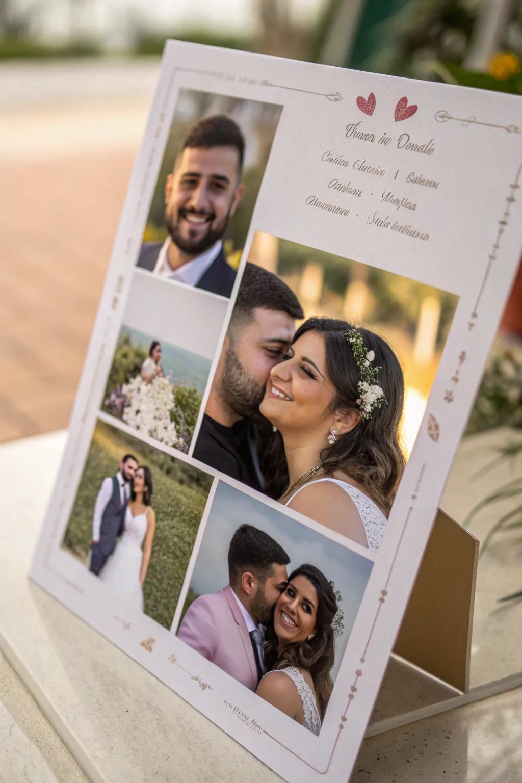 An invitation featuring an assemblage of the couple's photographs.