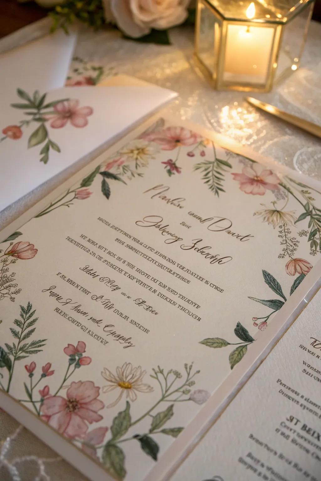 Elegant wedding announcement showcasing a gentle glassine overlay.