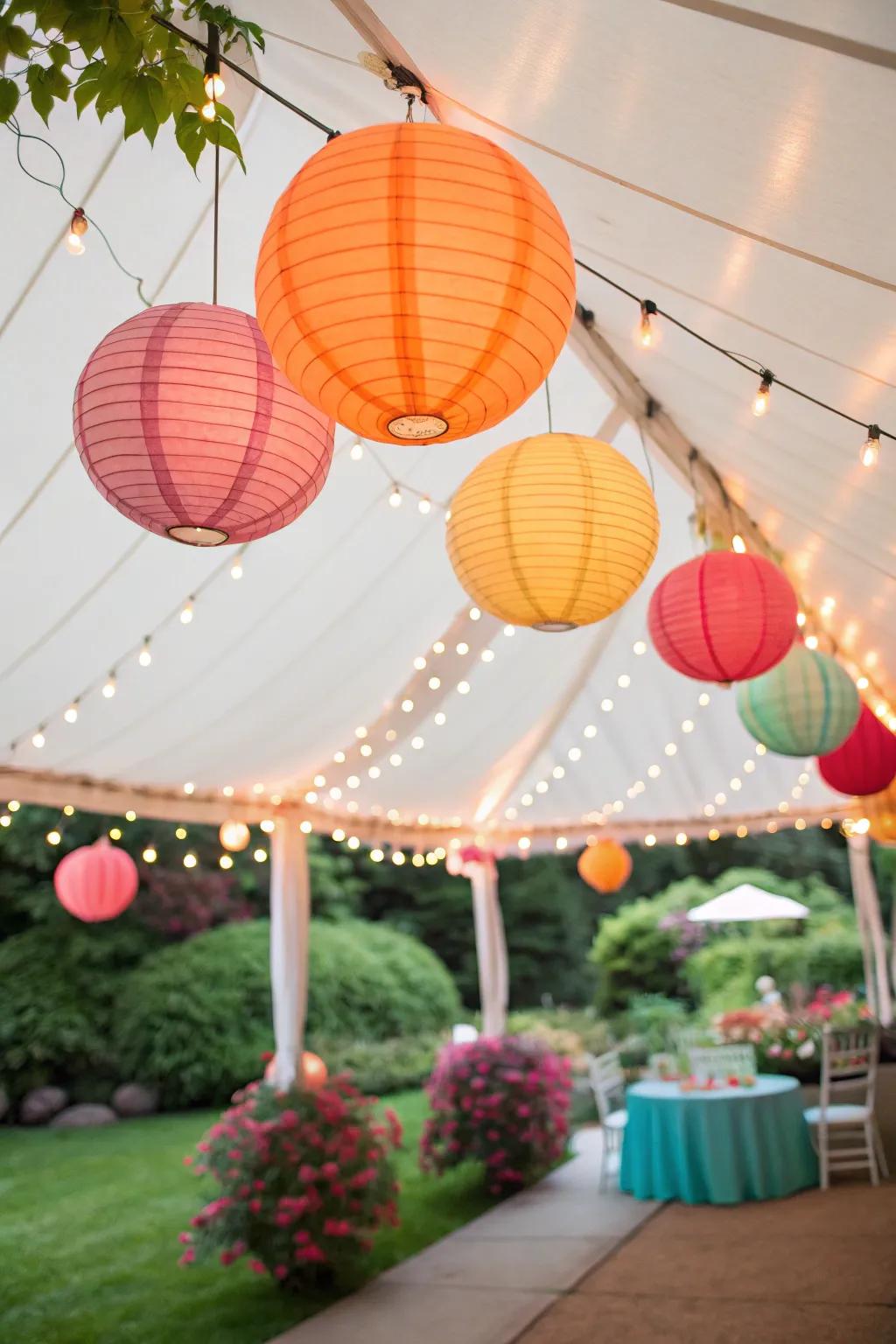 Chromatic paper lanterns contribute a playful element to the ornamentation.