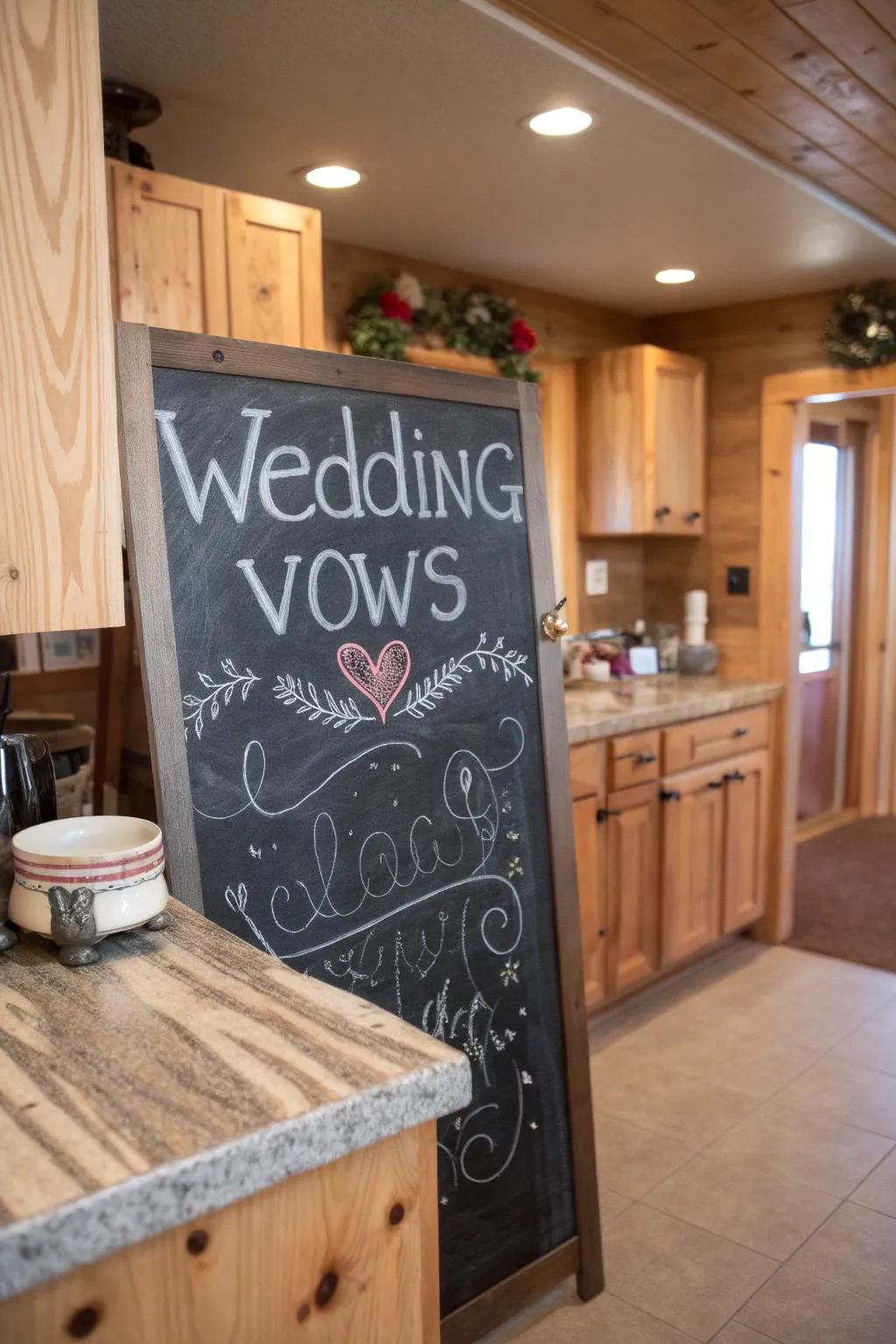 Personalized allure depicted through slate vows within a rustic cooking area.