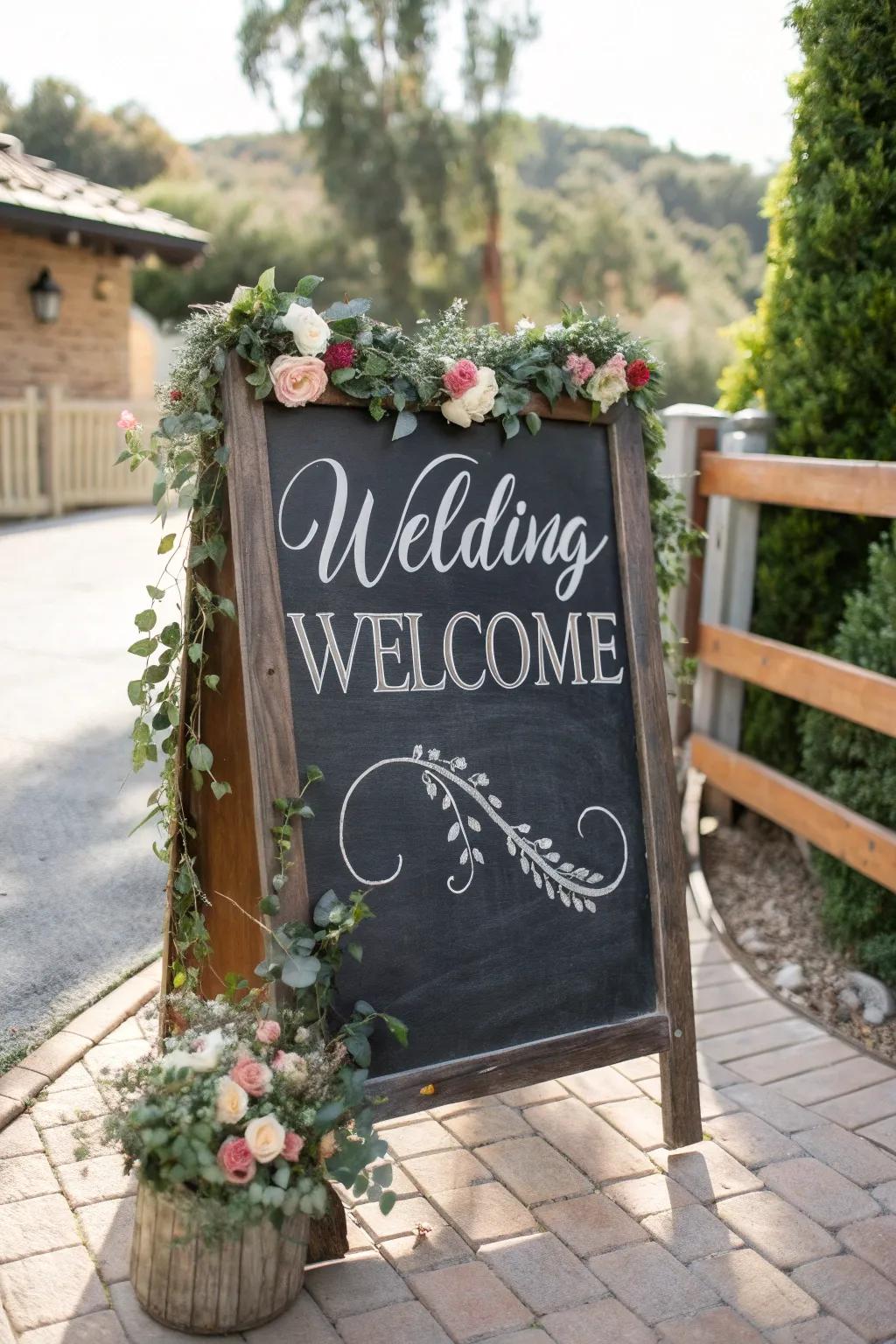A timeless slateboard greeting adorned with blossom wreaths, cultivating a timeless visual.