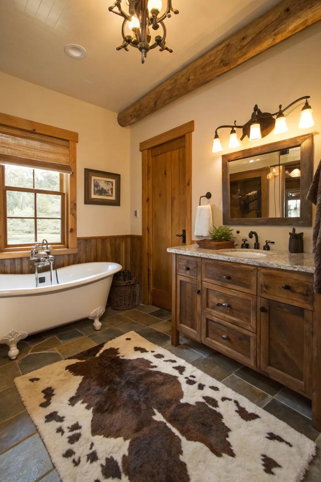 Hide accents add a countryside touch to this Western bathroom.