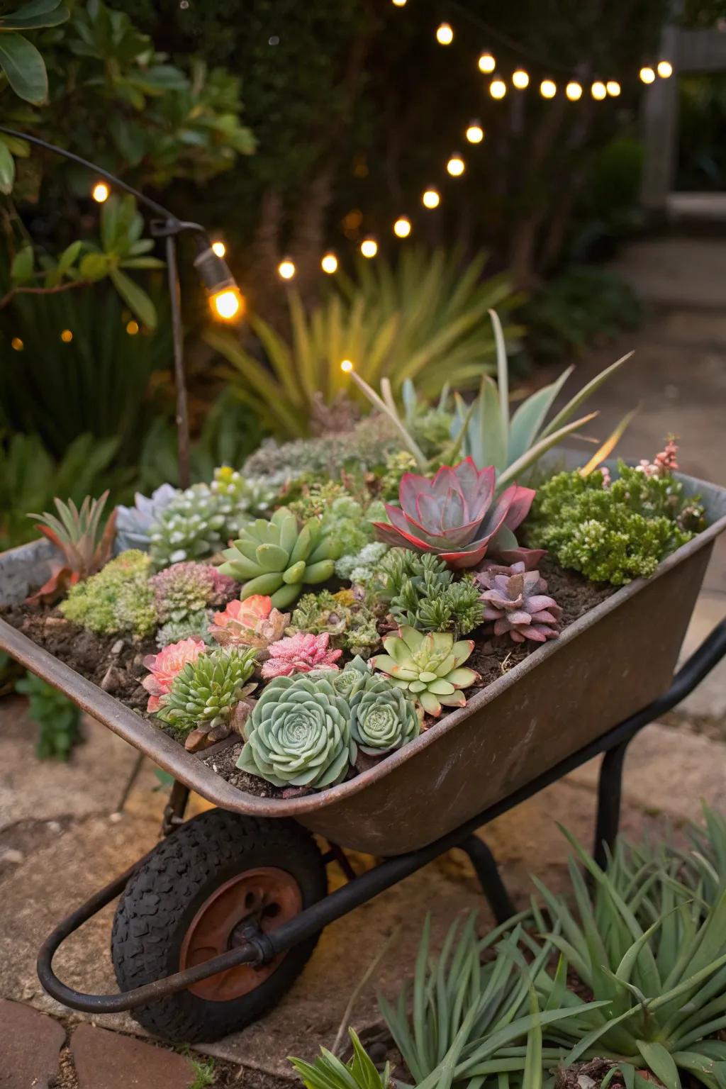 A dazzling array of succulents in a wheelbarrow planter.