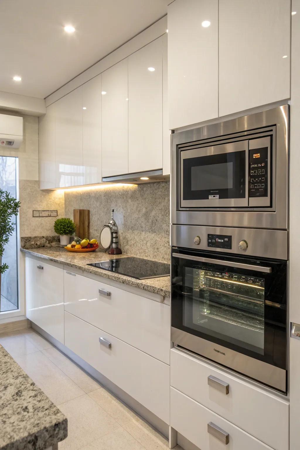 A streamlined integration of microwave and oven in a contemporary kitchen.