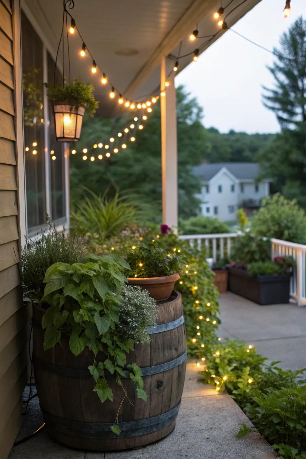 A deck corner oasis with a salvaged liquor cask and bead lights.