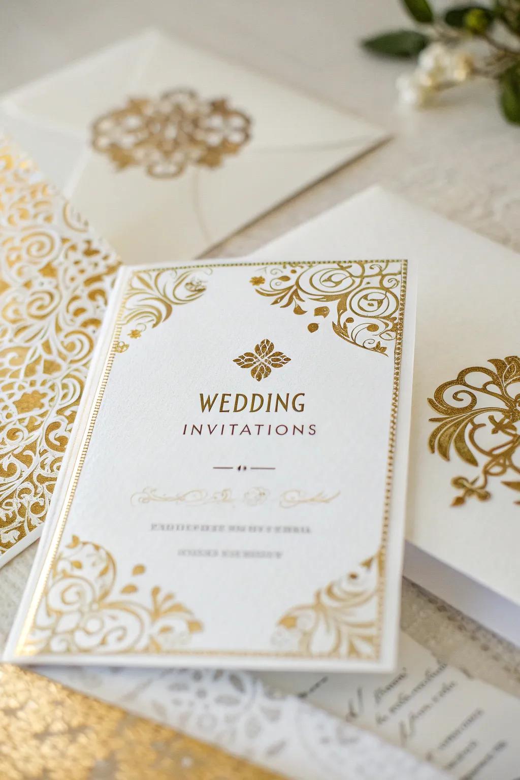 Chic ivory and gilded marital invitations.