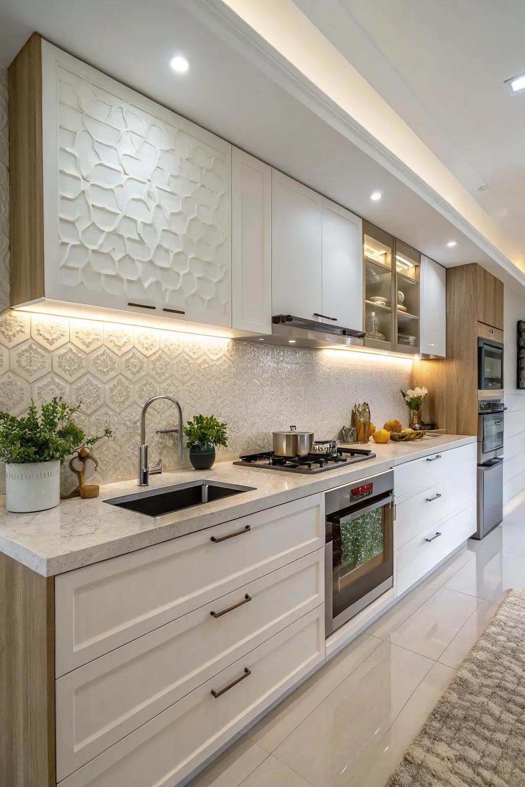 Ecologically sound ivory backsplash employing repurposed aterials.
