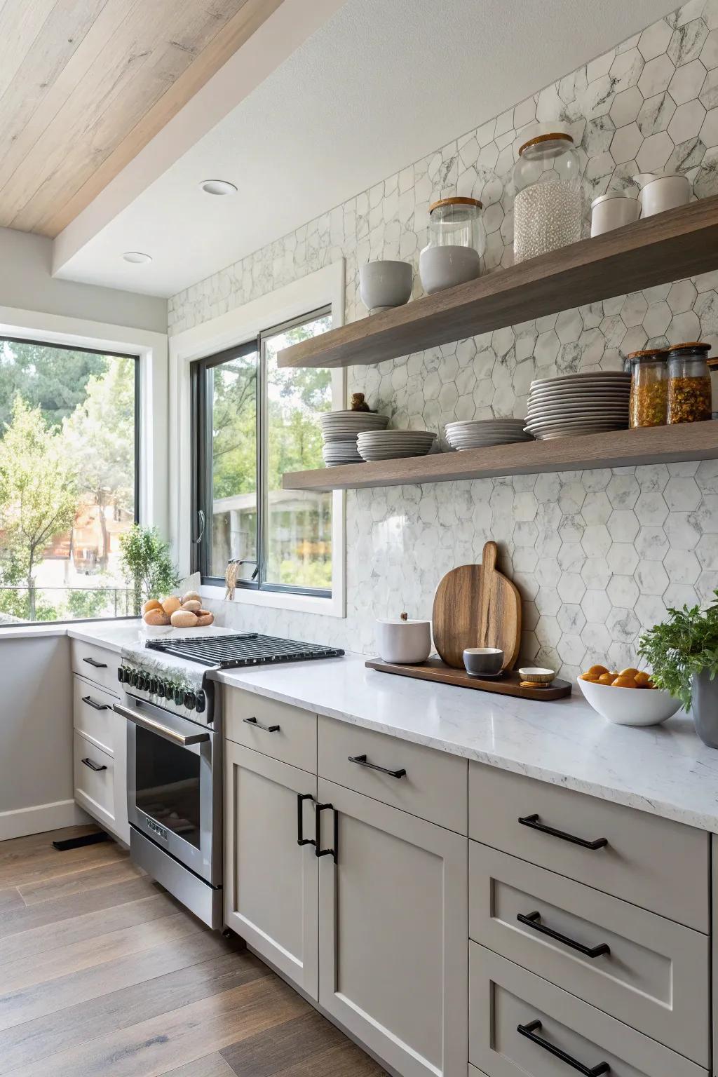 Quartz backsplash complemented by visible shelving for a tailored touch.