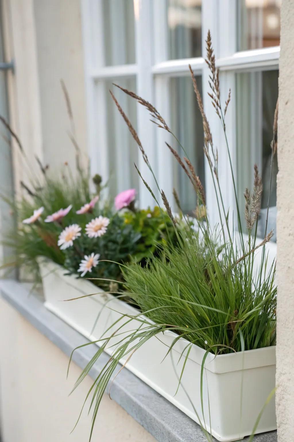 A sleek minimalist look achieved with grasses and subtle blooms.