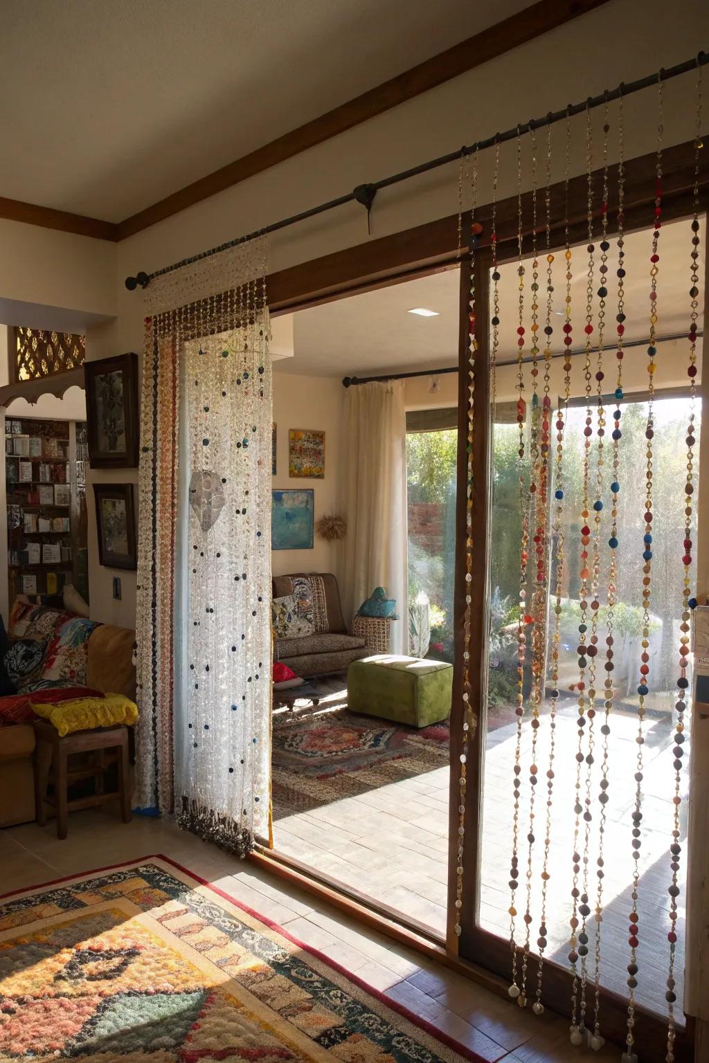 Strung bead window decor adds a playful and artistic touch.