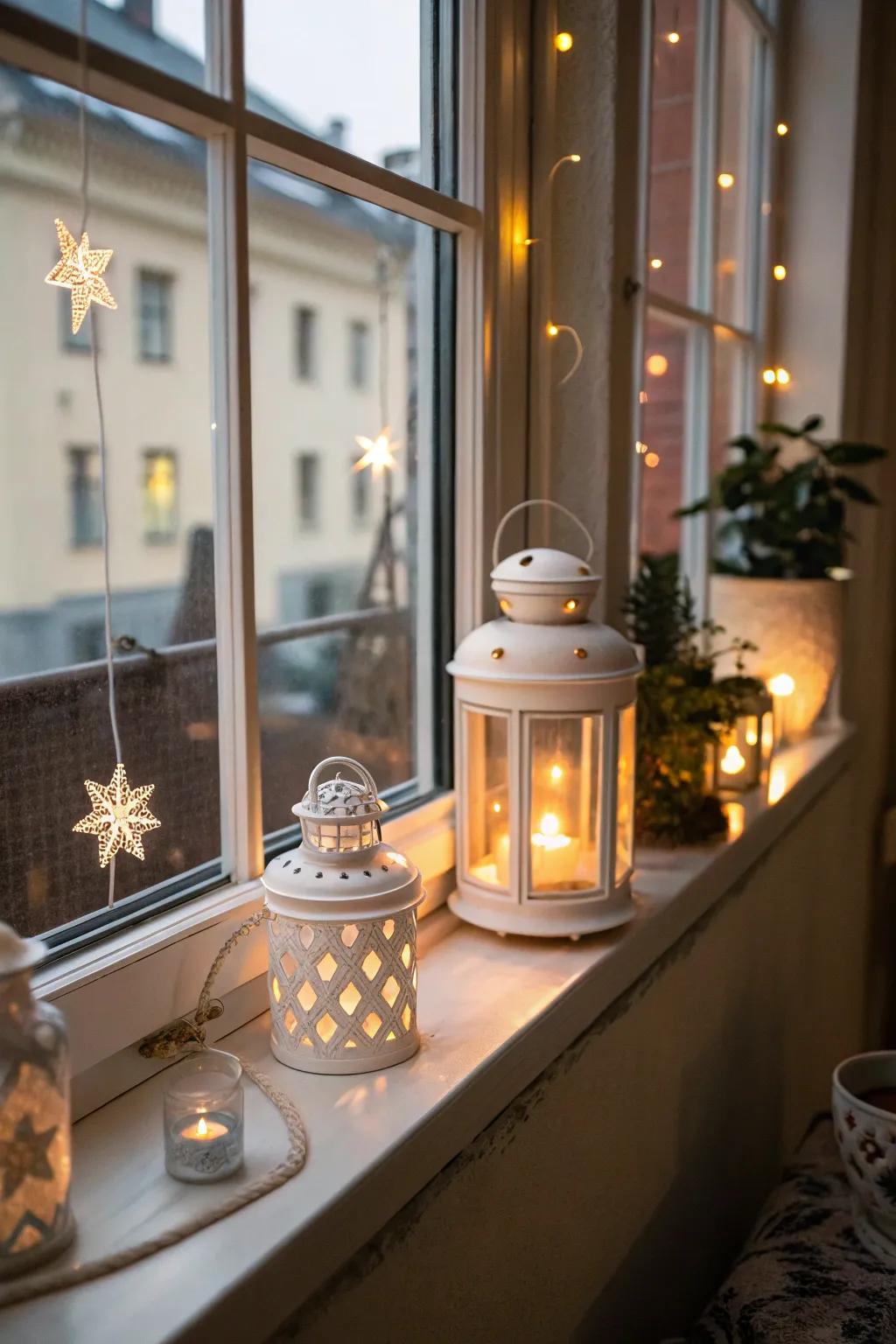 Quirky holders of light create a magical ambiance upon this window sill.