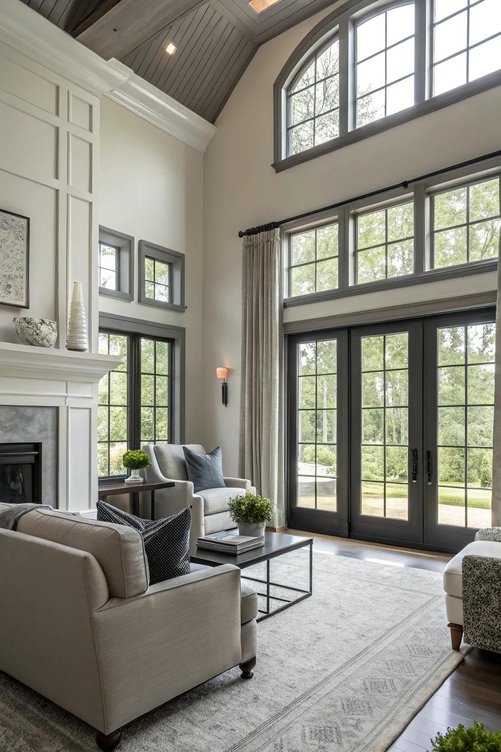 Deep gray trim lends metropolitan sophistication to a living room.