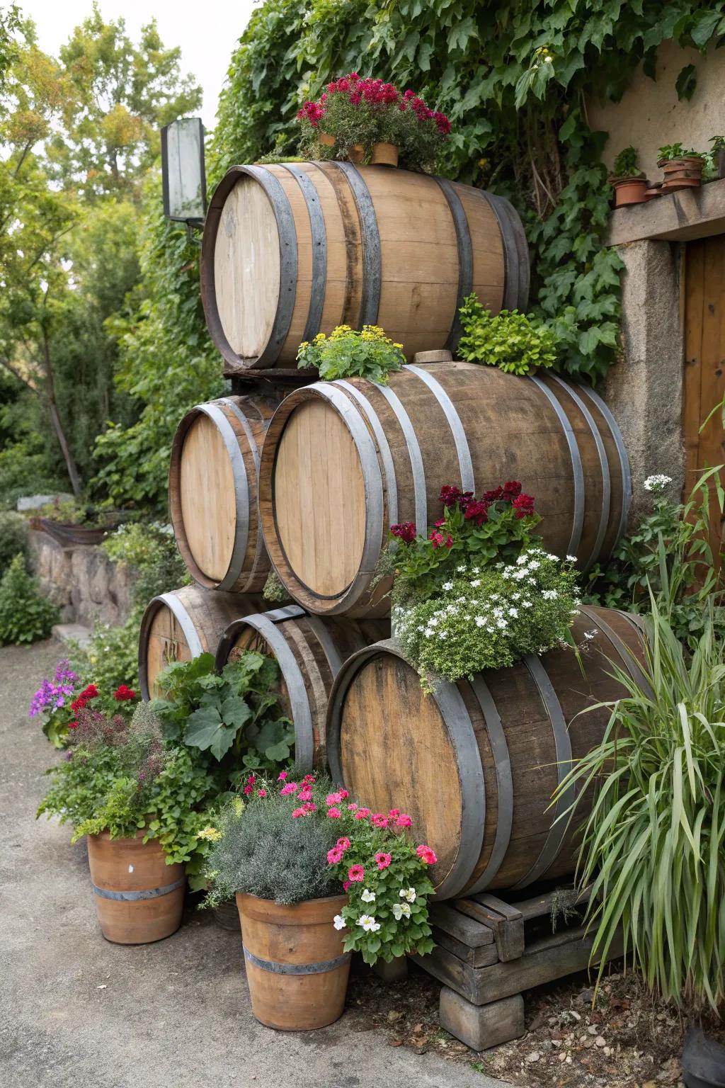 A multi-cask garden showcase featuring diverse flora.