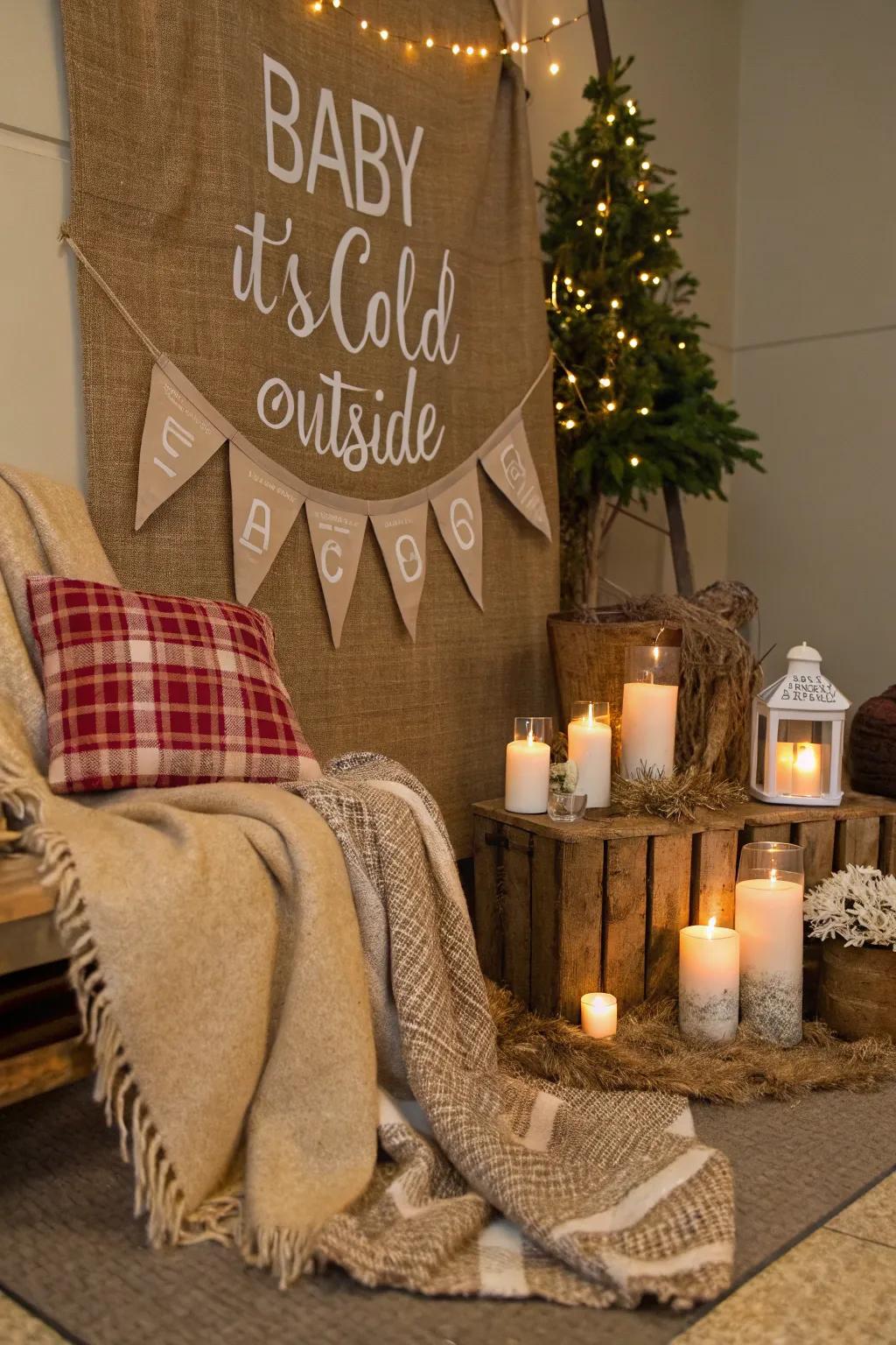 A cozy Baby, It's Cold Outside theme with rustic burlap decorations.
