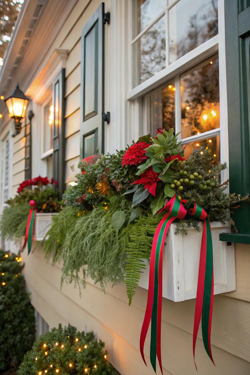 Holiday ribbons encircle this window box with cheerful warmth.