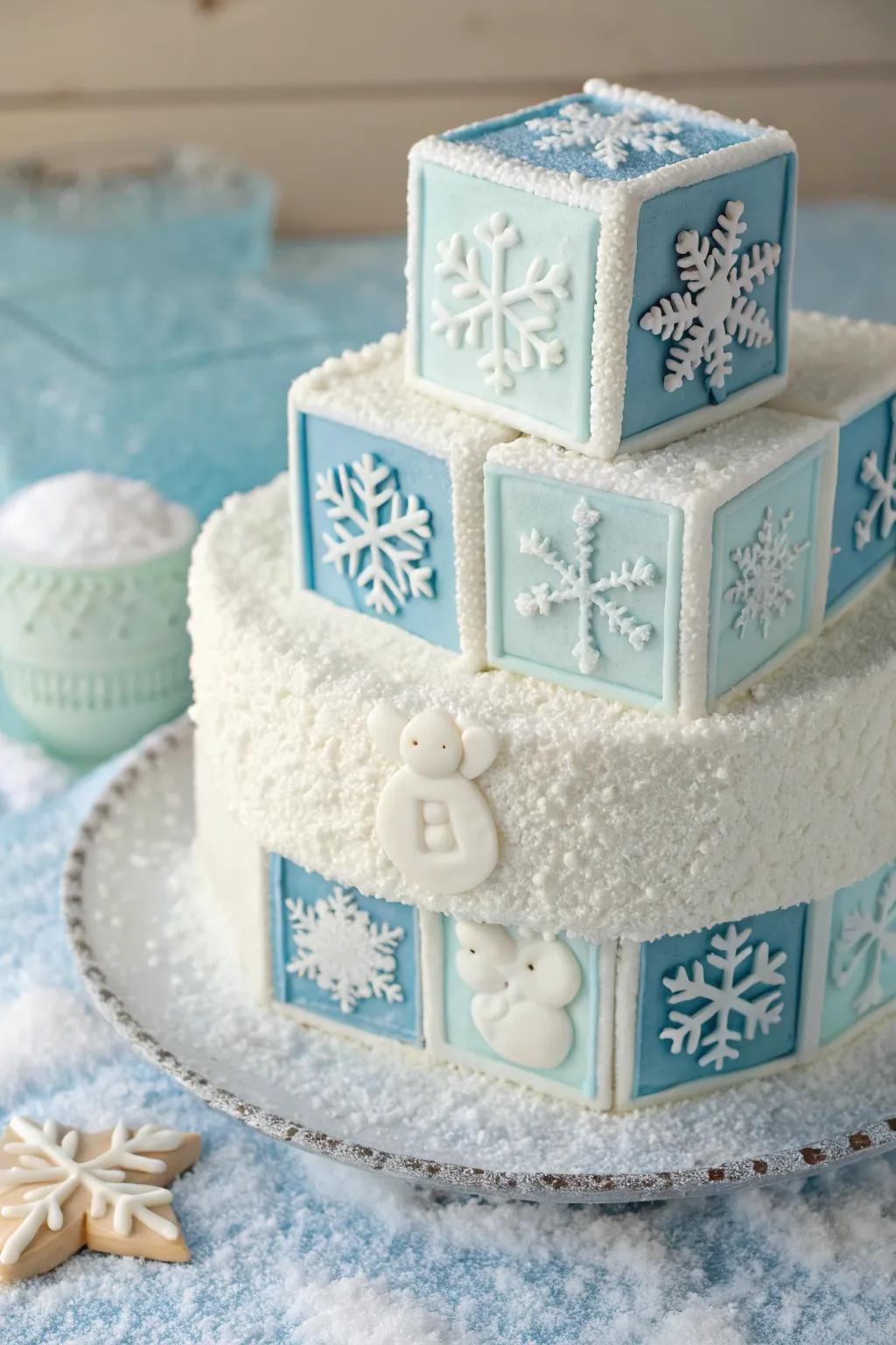 Playful baby cubes inject charm into this winter-themed cake.