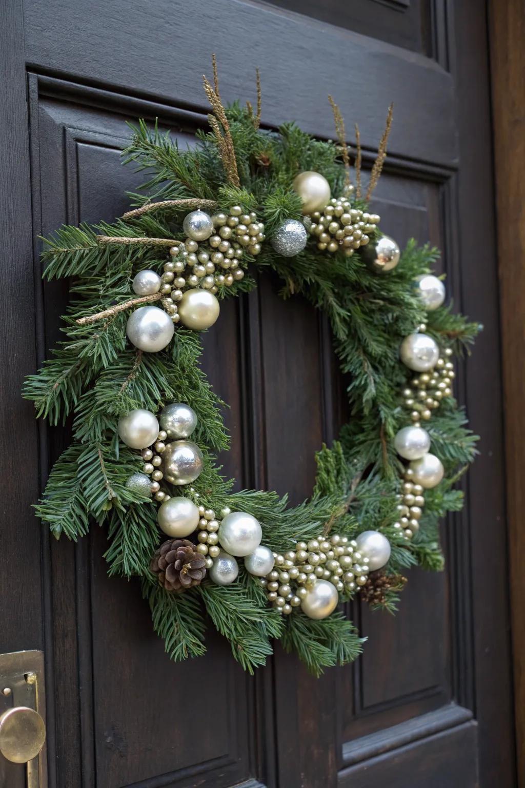 Pearls and pine branches deliver elegance and shimmer to this wreath.