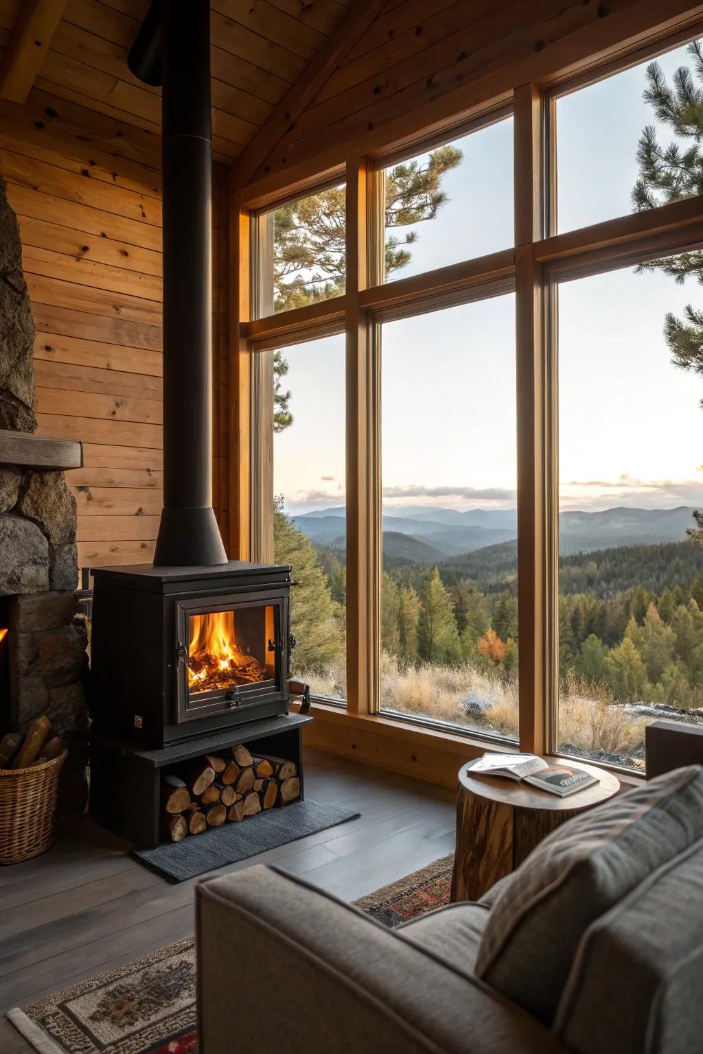 Savor both warmth and views with this fireplace arrangement.