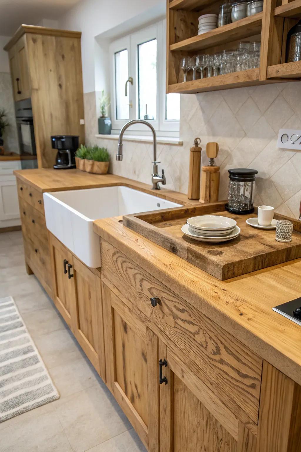 An integrated timber sink for a seamless and unique kitchen feature.