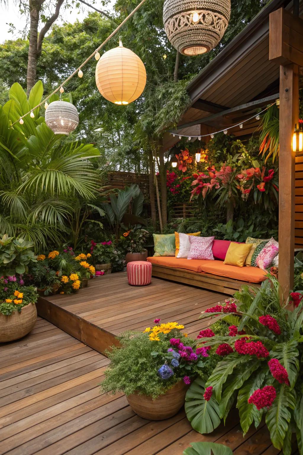 A tropical-themed deck extends an exotic sojourn without ever leaving your abode.