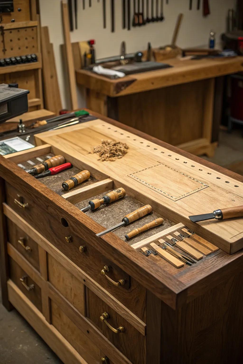 Master your craft via a finely organized woodshop: Discrete sections for cutting, constructing, and coating.