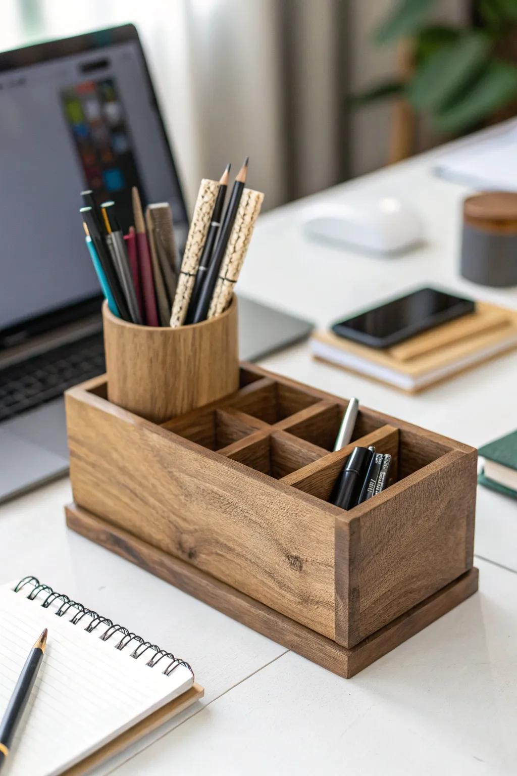 A wooden pen holder that imparts sophistication to workspace organization.