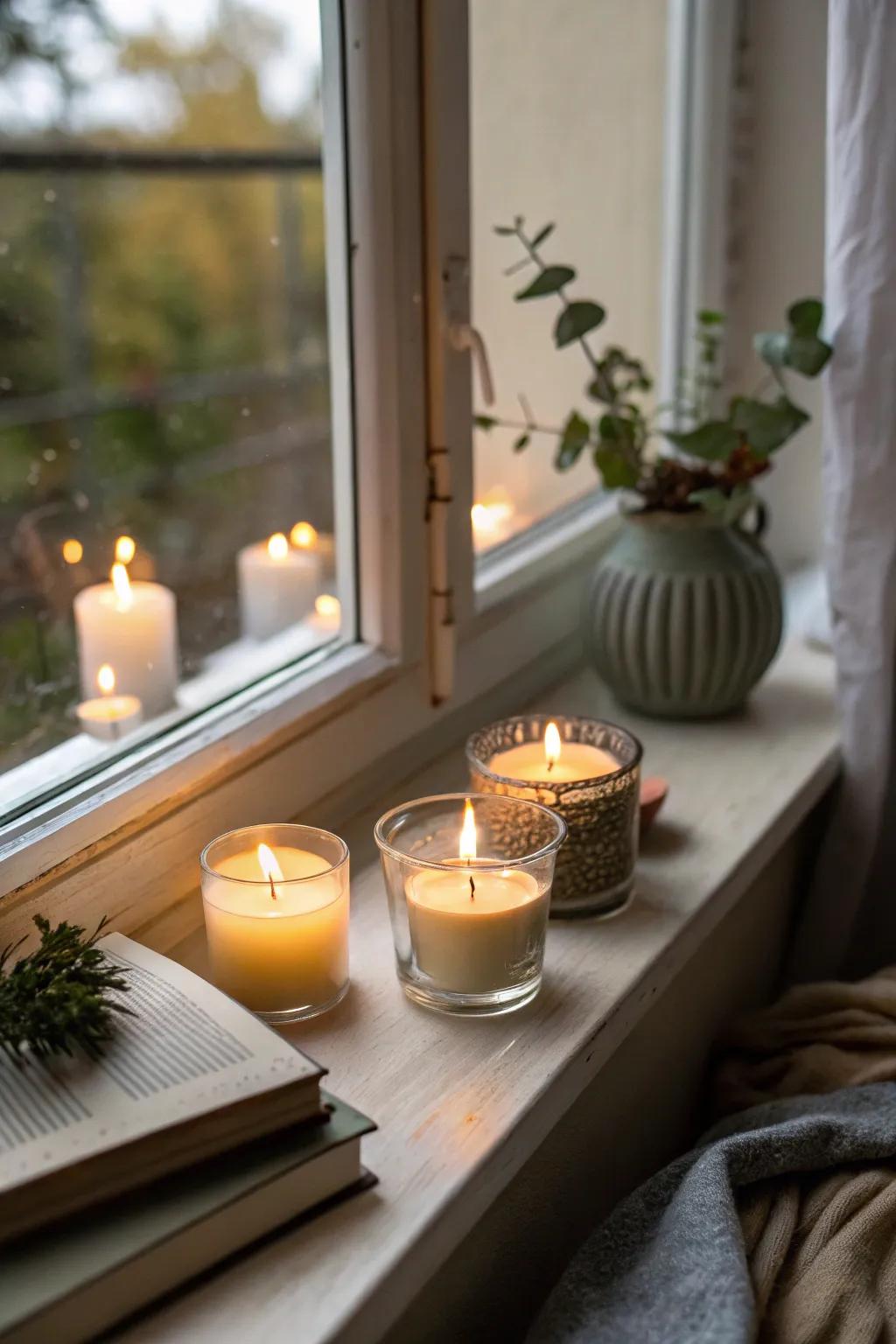 Candlelighted window ledges engendering a snug and inviting atmosphere.