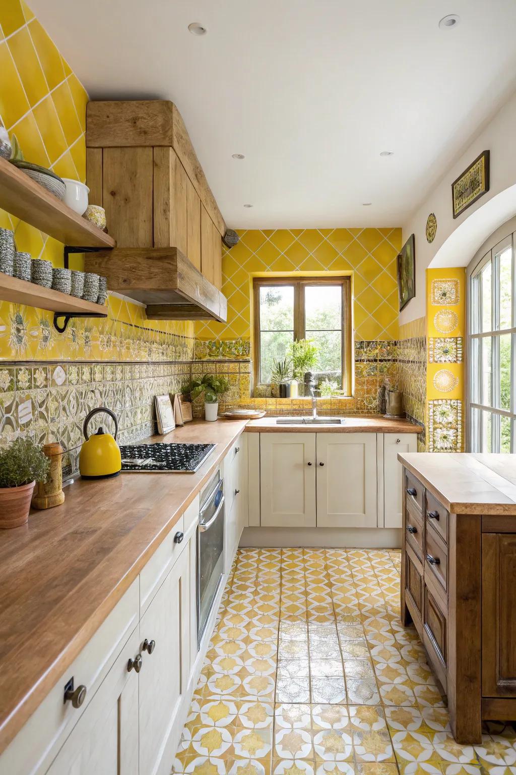 A varied mix of goldish tiles designs a standout backsplash.