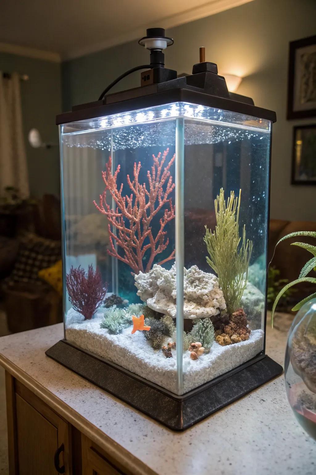 A submarine sculptural garden integrates an artistic flair into your tank.