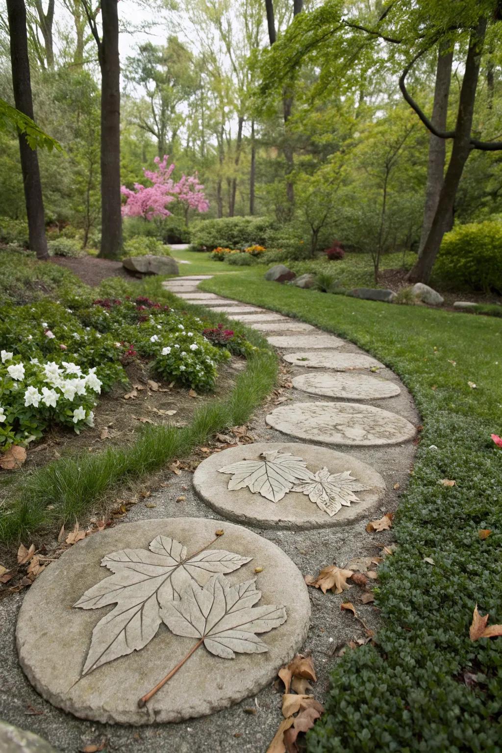 Leaf-imprinted stepping tiles for a personalized path.