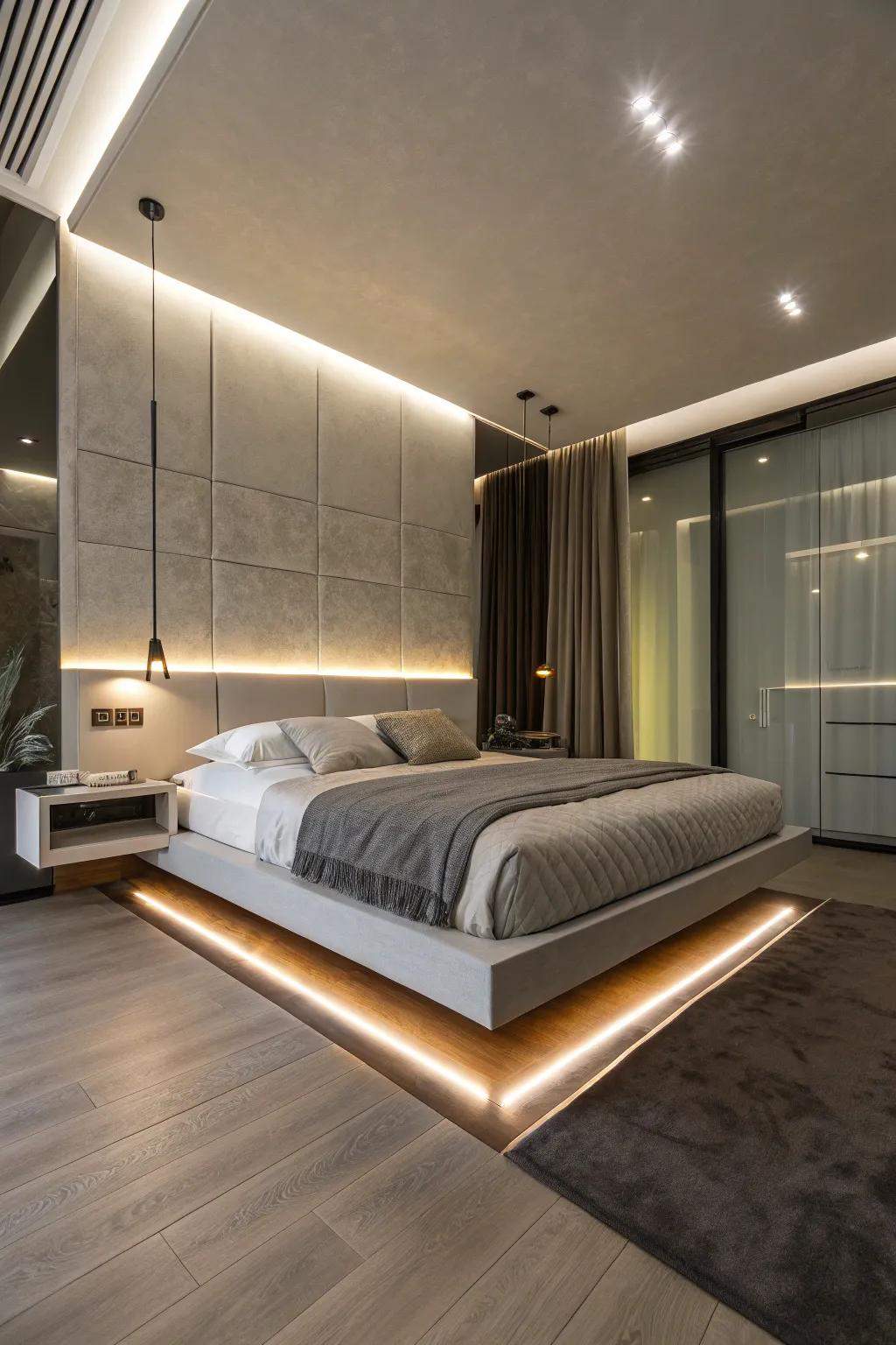 A hovering bed accompanied by underlighting, fashioning a polished, modern panorama.