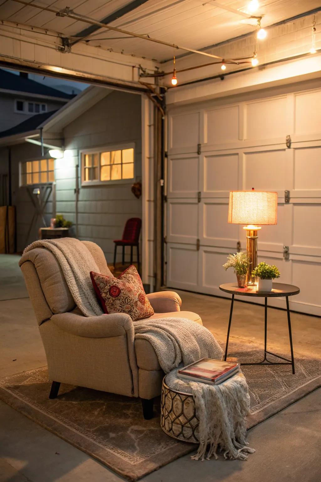 Repurpose your garage into a comfortable haven with a dedicated relaxation segment.