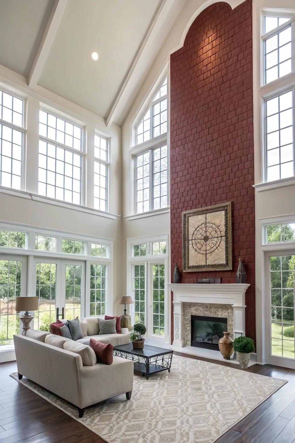 A bold signature partition creates a striking focal point in the great room.