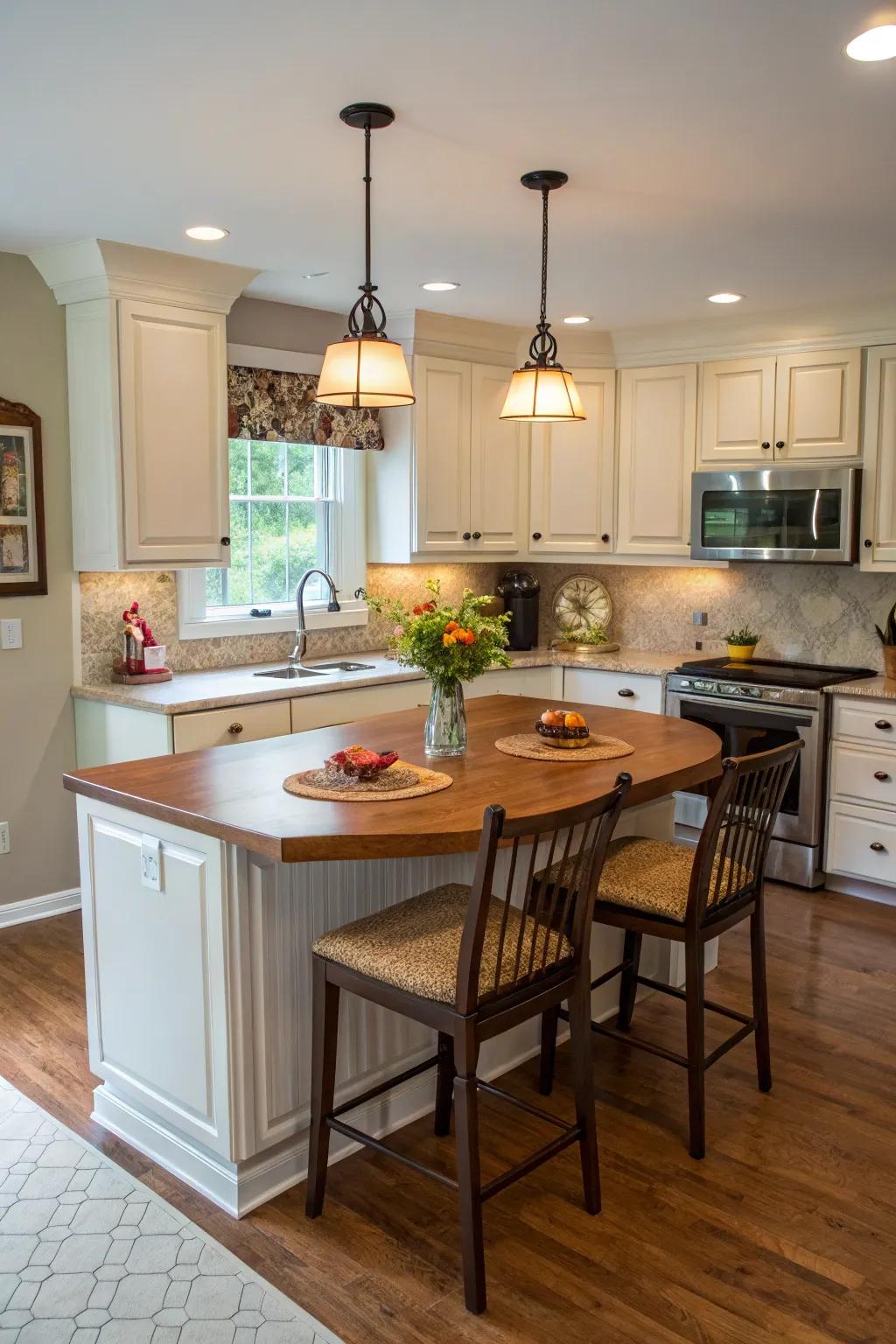 A breakfast nook enhances the island's charm and practicality.