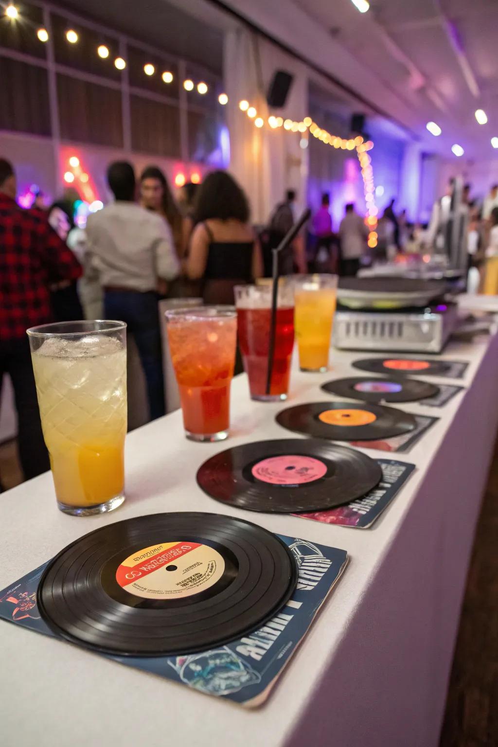 Vinyl record drink mats incorporate a unique and nostalgic touch to your celebration.