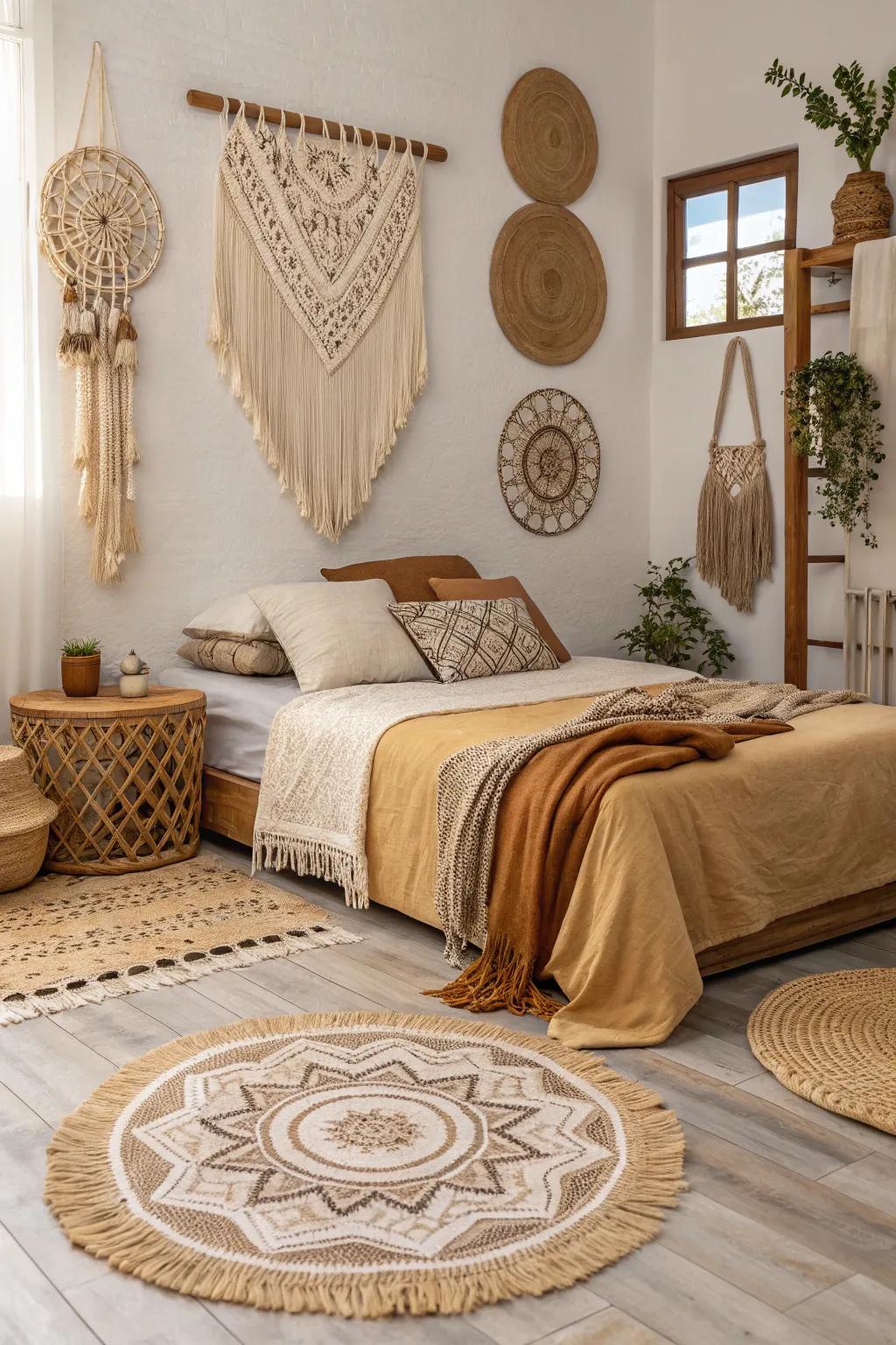 Bohemian inspired weaves inject warmth and a carefree vibe into the room.