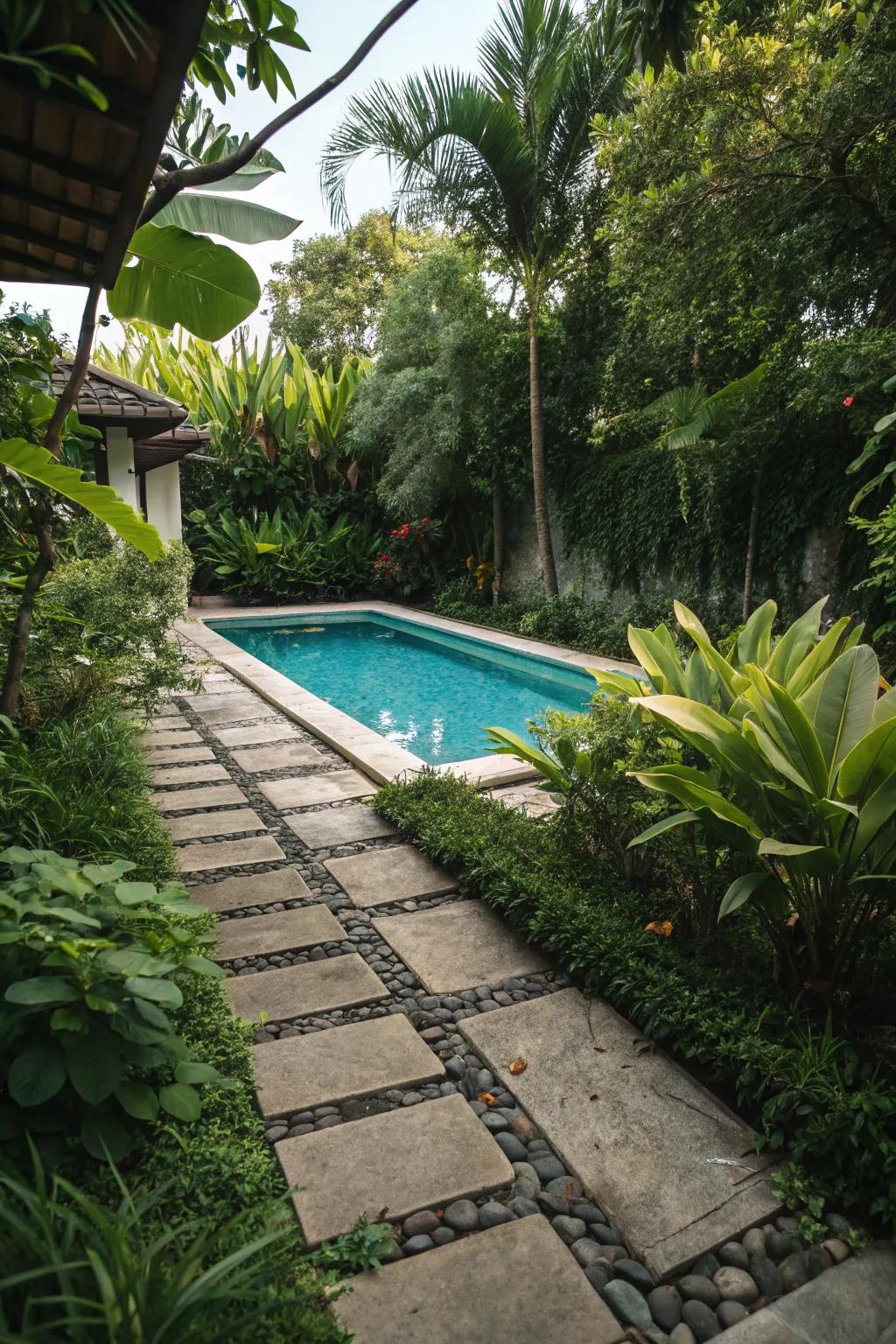 A stone path introduces elegance and practicality to your pool space.