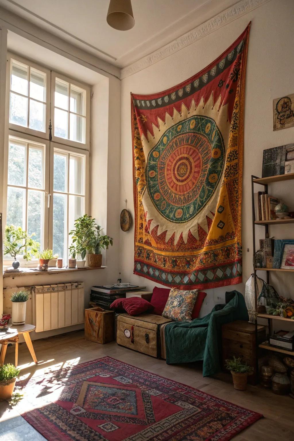 Tapestries contribute both color and bohemian style.