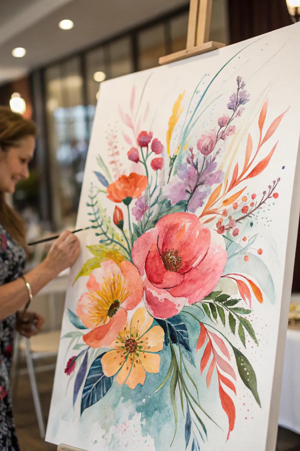 An abstract watercolor with floral blooms.