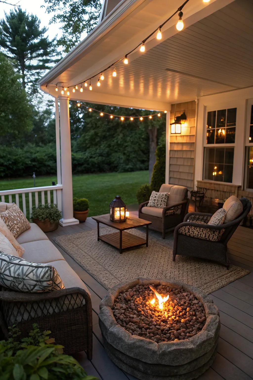An inviting porch featuring a cozy and warm fire element.