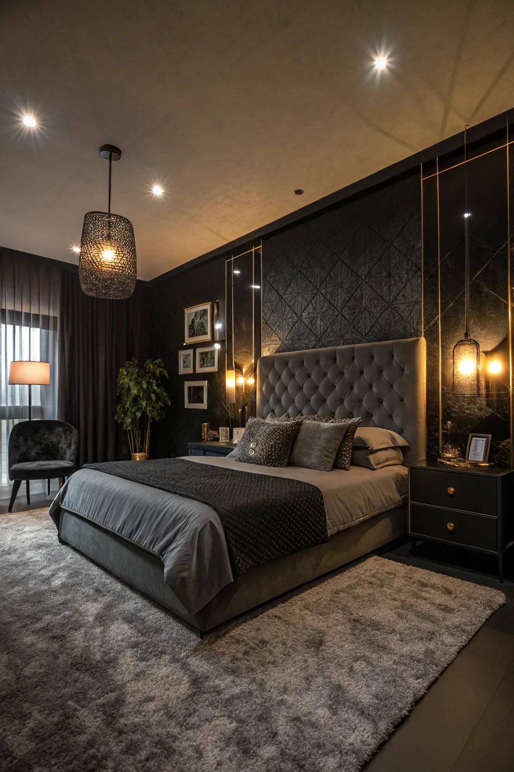 A black bedroom featuring layered illumination from various sources.