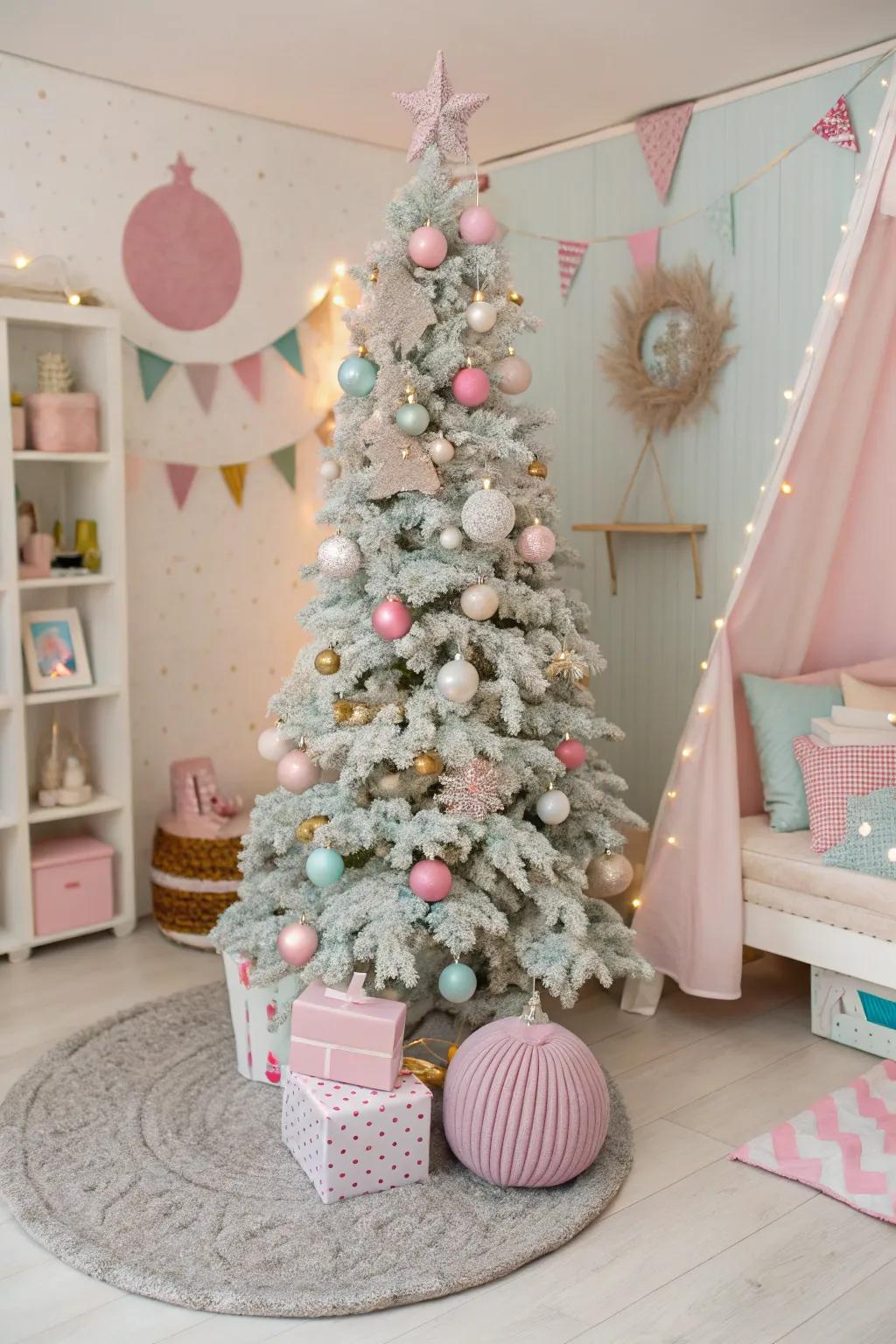 A fanciful Christmas tree embellished with muted pastel shades for a spirited visual.