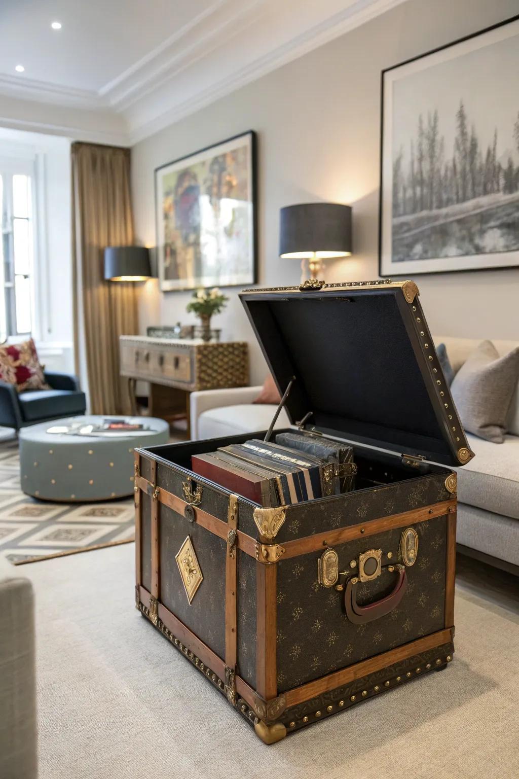 A vintage trunk serving as both a stylish and functional vinyl storage piece.