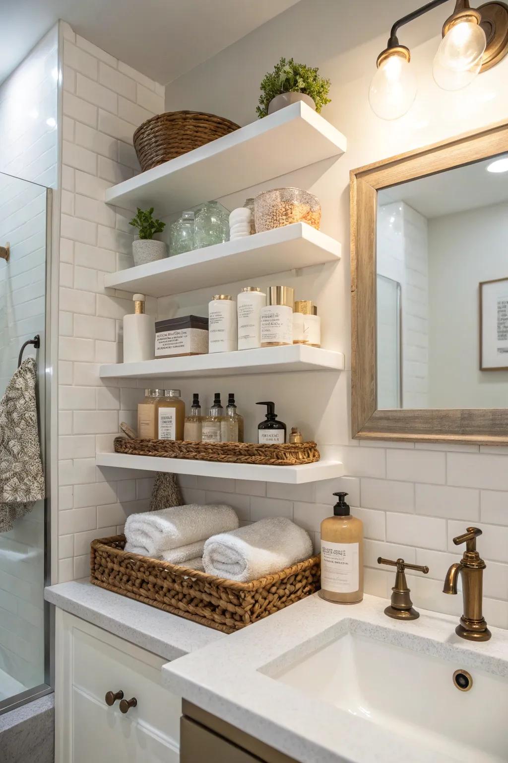 To your bathroom, open shelving adds practicality and flair.