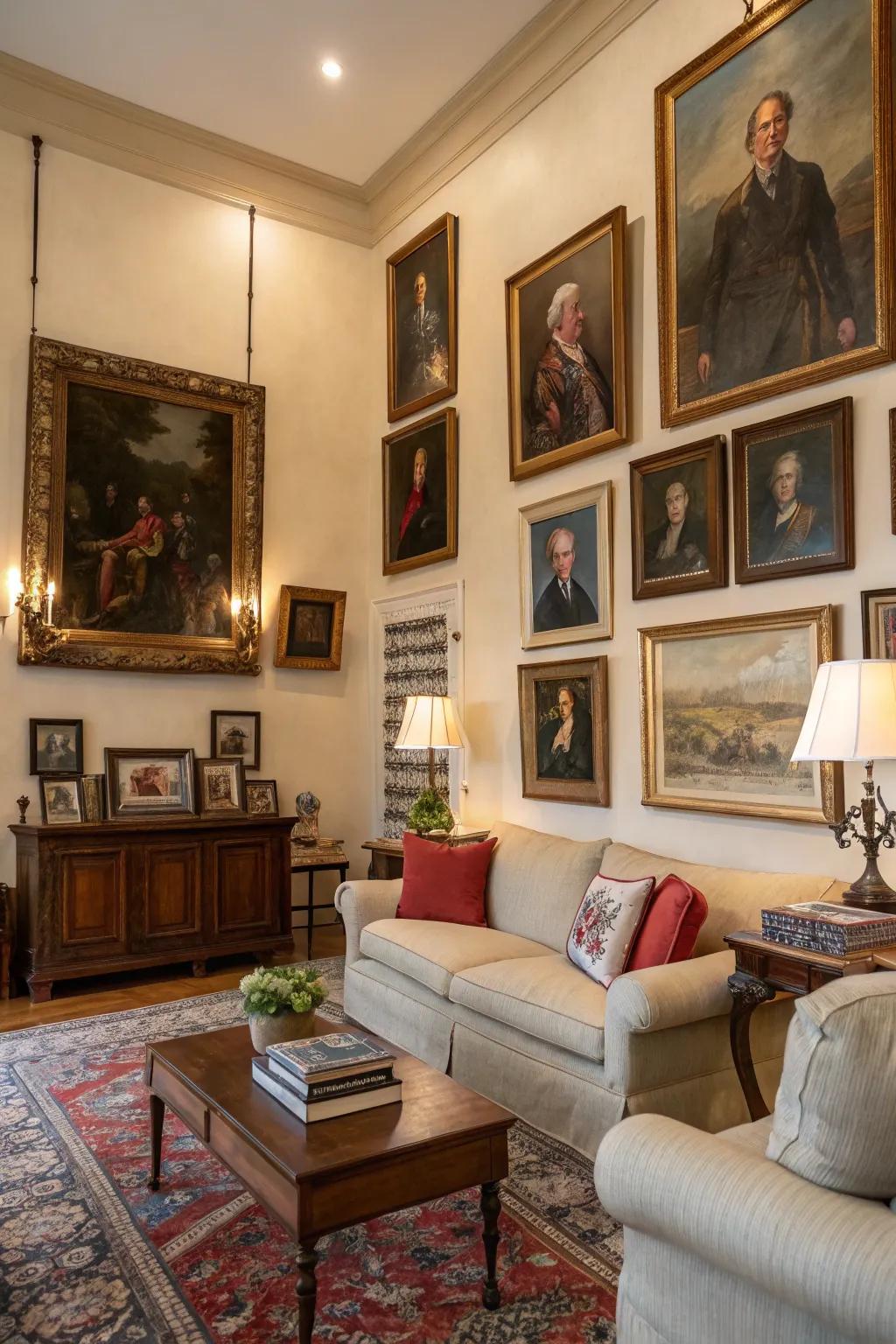 Portraiture and artworks enhancing the historical allure of a room.