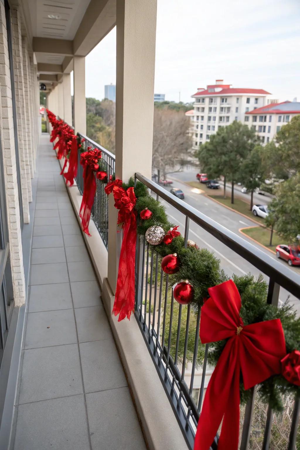 Scarlet highlights append a classic Yuletide flourish to this veranda.