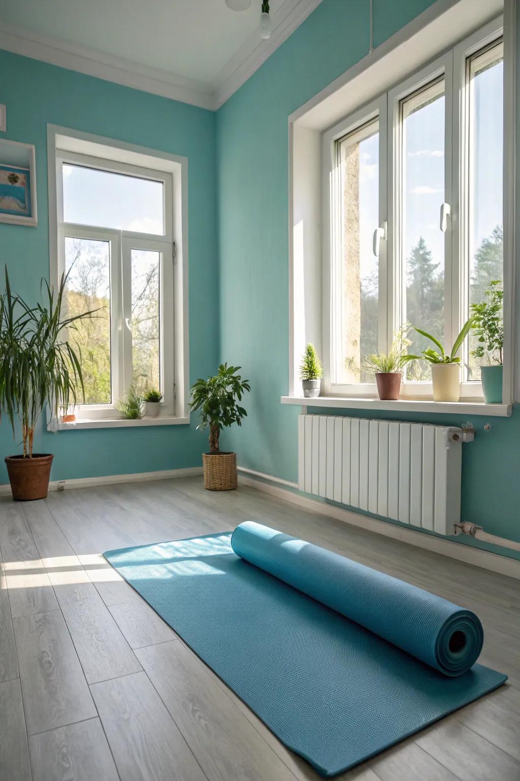 Relaxing colours foster a calm workout atmosphere.
