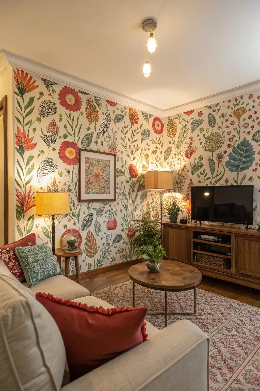 Vibrant detachable wallpaper adds personality to this rental-suited living space.